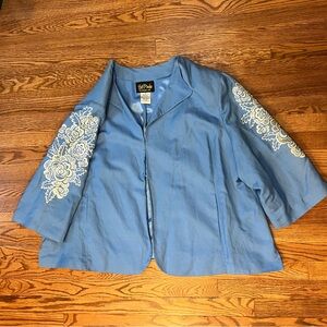 Bob Mackie Blue and White Embroidered Linen Blazer